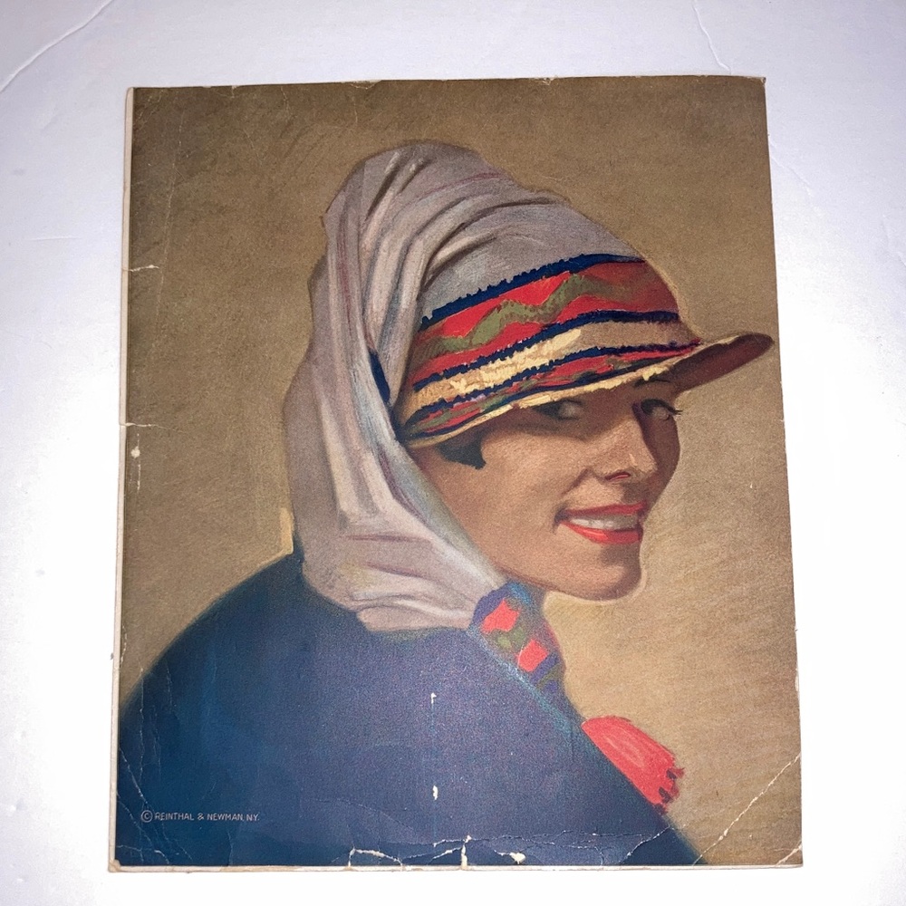 Winold Reiss “Grinny” Vintage Portrait Print of Smiling Woman in Colorful Hat